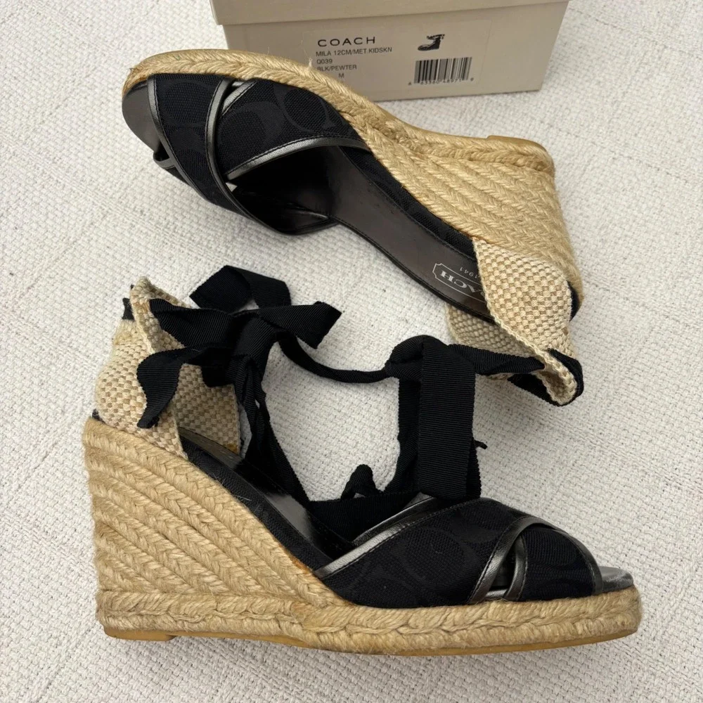Women's 8 COACH Mila Vintage Black Pewter Espadrille Wedge Lace Up Sandals